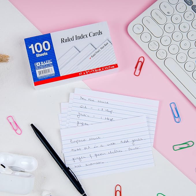 BAZIC Products Ruled Index Cards, 3" x 5", 100-Count, 4-Pack