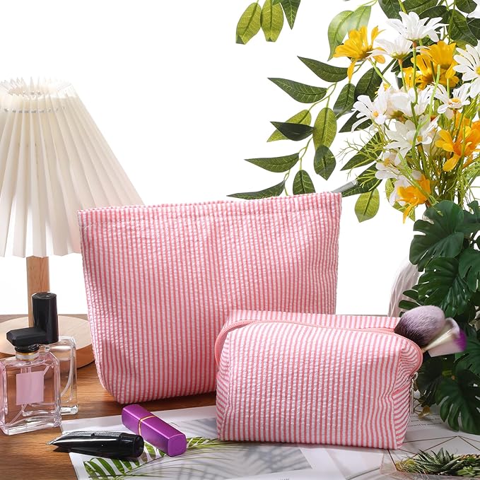 Huhumy 2 Pcs Makeup Bag Set for Women, Rose Pink, Thin Striped Seersucker | Cute Cosmetic Pouch Women Travel Toiletry Bag Preppy Small Makeup Purse Pouch Aesthetic Skincare Brushes Storage Organizer
