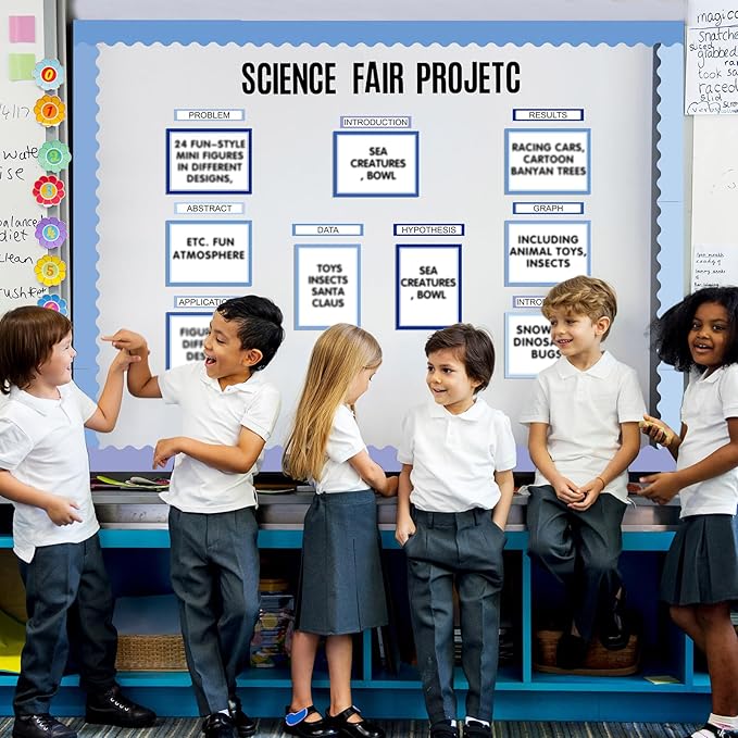 Sinload 92 Pcs Science Fair Board Supplies 60 Trim Scalloped Poster Boards 18 Presentation Subtitles 6 Project Titles 8 Letter Sticker for Classroom Display Boards(Blue Tone,Wave)