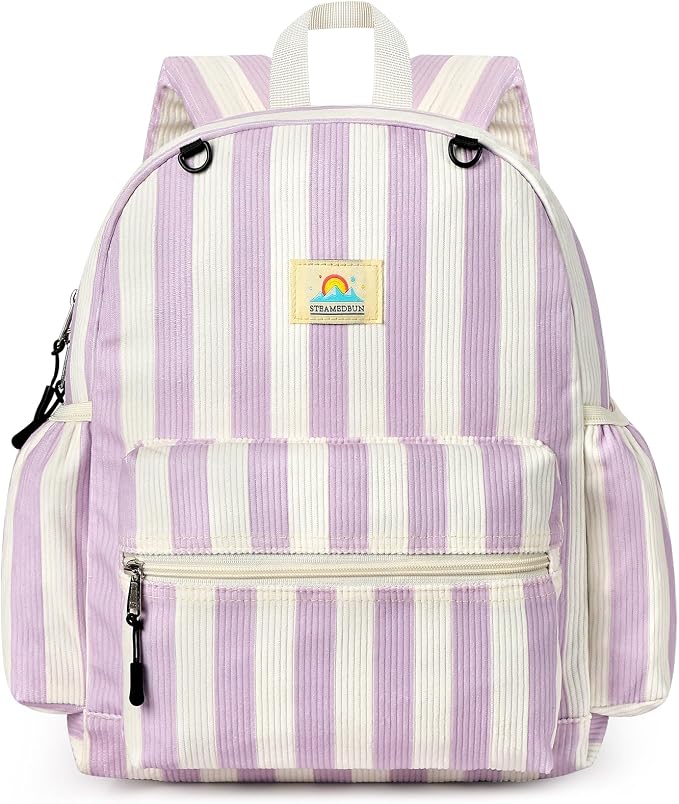 STEAMEDBUN Corduroy Kids Backpack for Girls and Boys 5-8: Girls Backpack for Elementary Kindergarten - 15 inch Cute Backpacks for Kids - Stripe