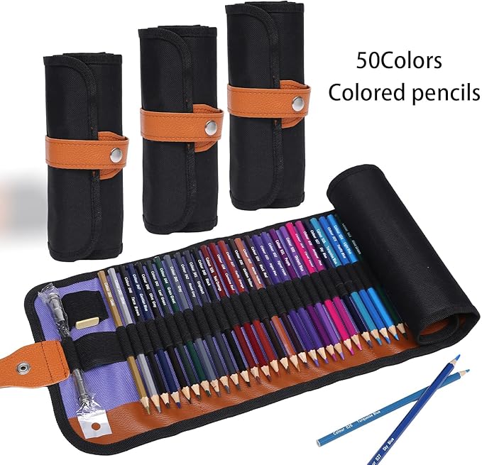 50 Colored Pencils Set with Roll Up Canvas Case for Adult Coloring Books, Drawing, Sketching, Pretty Gift