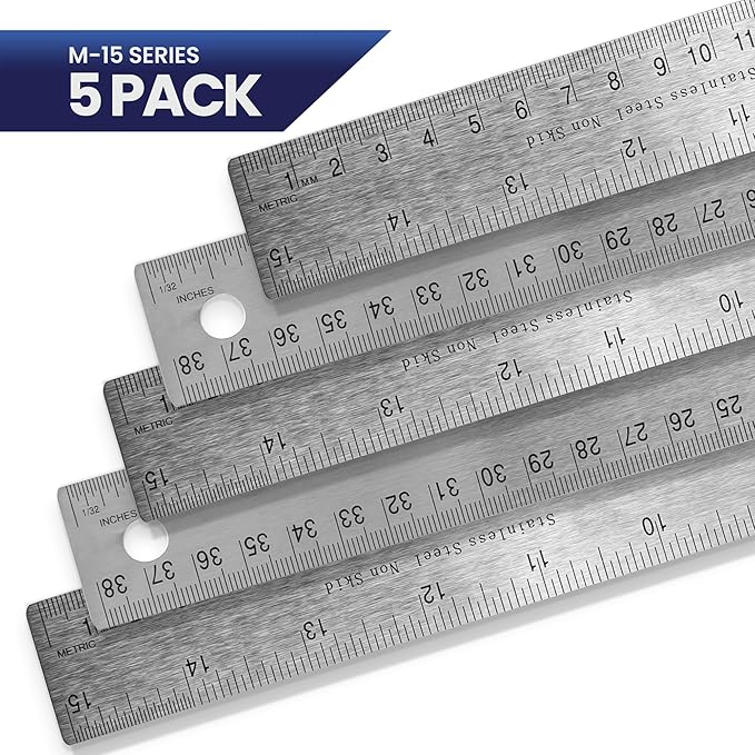 5 Pack | Pacific Arc, Stainless Steel 15 Inch Metal Ruler Non-Slip Cork Back, with Inch and Metric Graduations