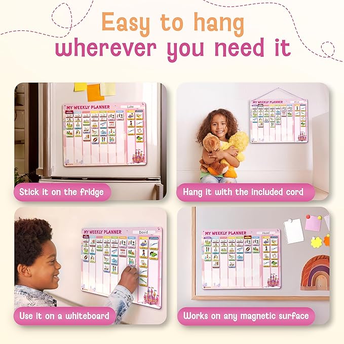 LIKARTO Visual Schedule for Kids - 2-in-1 Weekly + Daily Schedule - Magnetic Schedule with 188 Magnets and Magnetic Backing - Chore Chart Kids - Routine Chart for Toddlers, Autism, ADHD - Pink