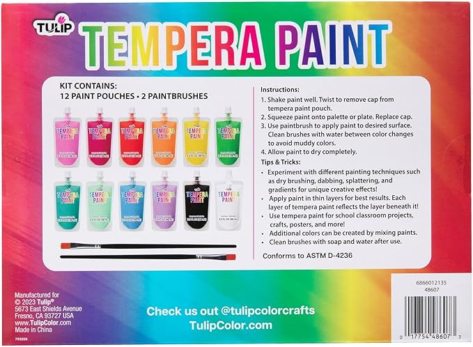 TULIP Washable Tempera Paint Pouches 12-Pack, Art & Craft Supplies, Non-Toxic, Quick Dry Paint, Easy Squeeze for Kids, 12 Rainbow Colors, 6+