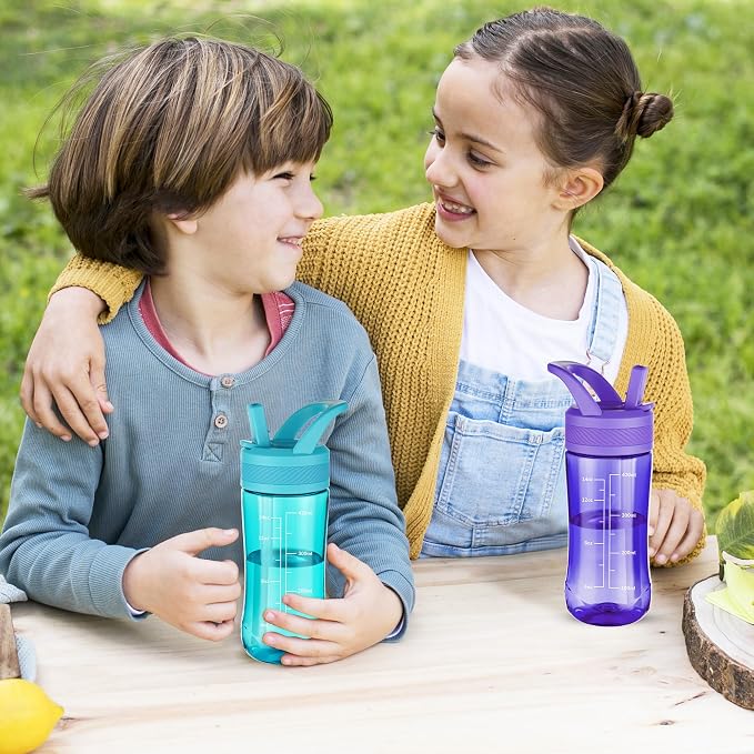 14oz Clear Kids Water Bottle with Straw Lid, BPA-Free Tritan, Measurement Scale, Sturdy Handle Wide Mouth Leak-proof Reusable Plastic Bottle for Boy& Girls, Back to School(Dark Purple)