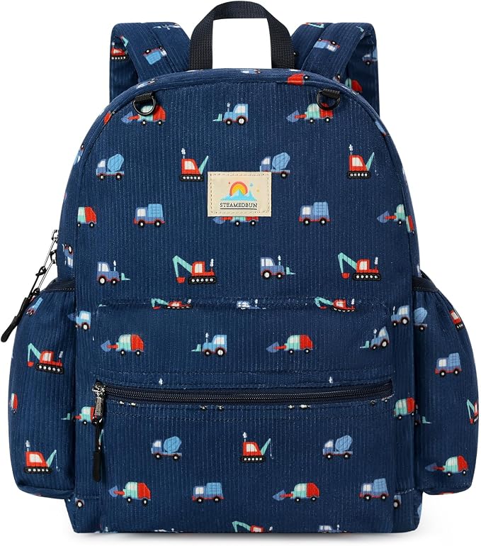 STEAMEDBUN Corduroy Kids Backpack for Girls and Boys 5-8: Girls Backpack for Elementary Kindergarten - 15 inch Cute Backpacks for Kids - Blue Trucks