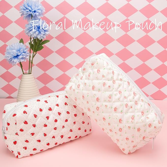 PAZIMIIK 2PCS SET Vintage Quilted Makeup Bag Cosmetic Pouch for Brushes Pencils and Travel Make Up Accessories for Women and Girls Gauze Rose