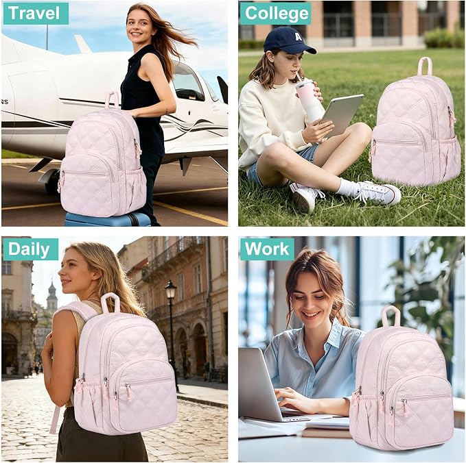 Backpack for Women Travel Bag: 15.6 Inch Laptop Backpacks Quilted College Bookbag Lightweight Casual Daypack Water-Resistant Computer Backpacks for Students Teacher Work Pink