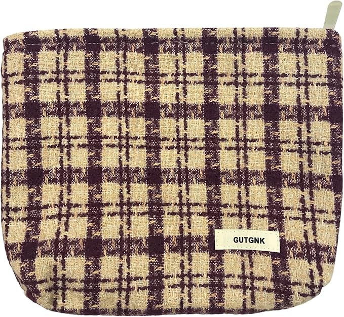 GUTGNK Corduroy Ladies Cosmetic Bag, Large Capacity Canvas Cosmetic Bag Travel Toiletry Bag Accessories Organizer, Purple Check