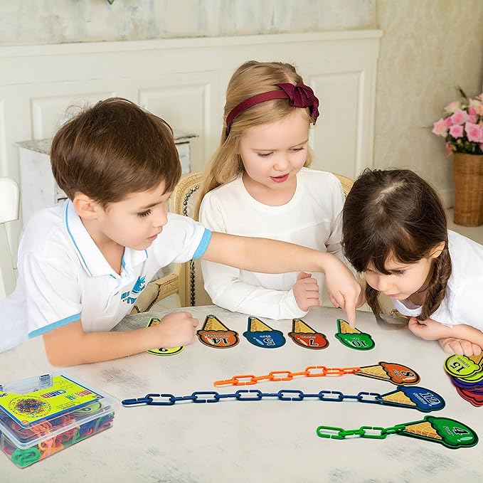 RAINBOW TOYFROG Chain Link Math Manipulatives - 240 C Clips Plastic Chain Links & 20 Ice Cream Cards for Counting & Linked Math Game - Learning Resources for Kindergarten Sensory