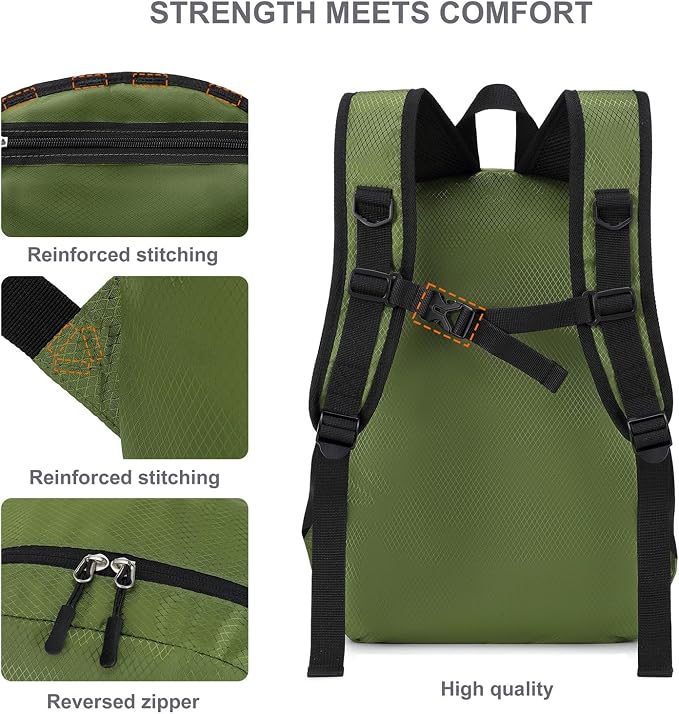 Lightweight Hiking Backpack 18L Packable Foldable Small Daypack Collapsible Travel Bag Water-Resistant for Women Men (Green)
