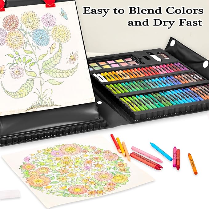 KINSPORY Art Kit, 290 Pack Art Sets Crafts Drawing Coloring kit, Double-Side Trifold Easel, Oil Pastels, Crayons, Colored Pencils, Creative Gift for Beginners Artists Girls Boys Kids (Black)