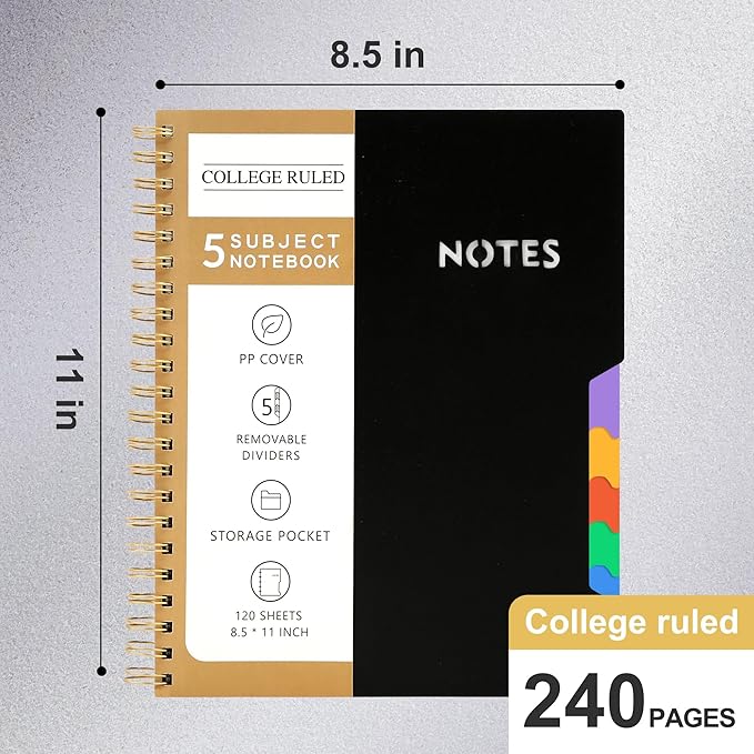 CAGIE 2 Pack 5 Subject Notebook College Ruled 8.5 X 11 Notebooks for Work School Note Taking with Removable Dividers & Pocket Hardcover Spiral Lined Journal Notebook, School Supplies, Black
