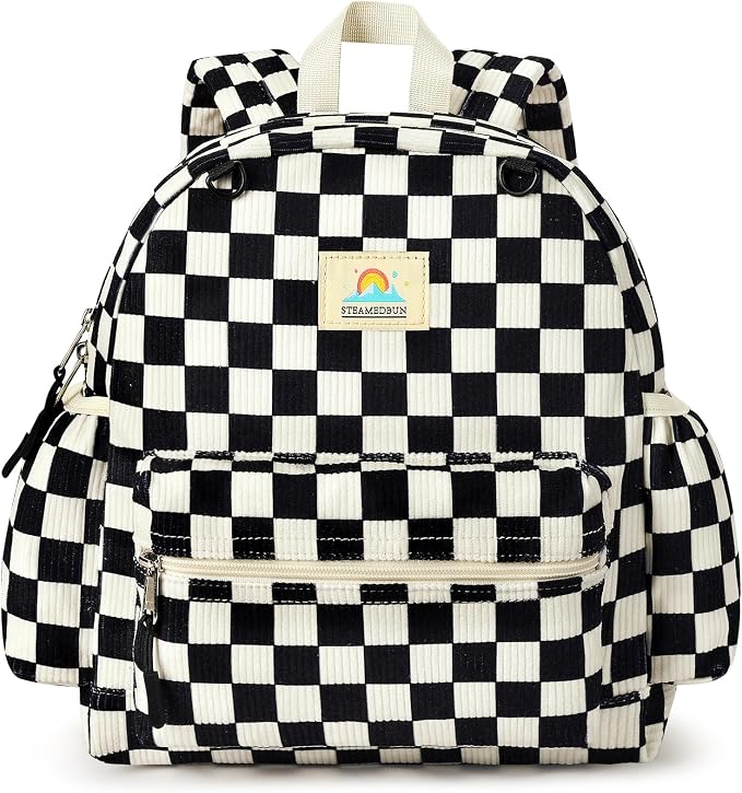 STEAMEDBUN Corduroy Toddler Backpack for Boys 2-4: Kids backpack for Boys Girls - 12 inch Preschool Kindergarten Backpacks - Checkered