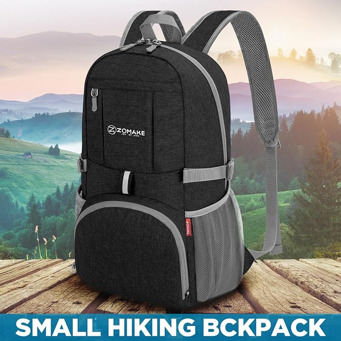 ZOMAKE Lightweight Packable Backpack, 25L Small Foldable Daypack for Hiking | Water Resistant Collapsible Backpacks for Women Men, Everyday Carry, Multi Compartment Storage, Adjustable Strap(Black C1)