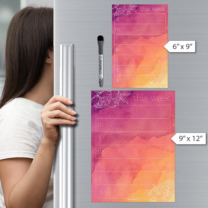 Dry Erase Weekly Calendar Planner Sticker Decal | Removable & Reusable | Magnetic Fine-Tip Marker Included (9 x 12 inches, Peony)