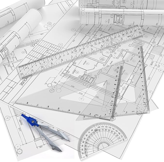 Coopay 12 Inch Math Geometry Tool Plastic Ruler Square Set Includes Straight Ruler, Triangles, Protractor, Compass, Pencil Lead, Pencil Sharpener for Student School Home Office Supplies