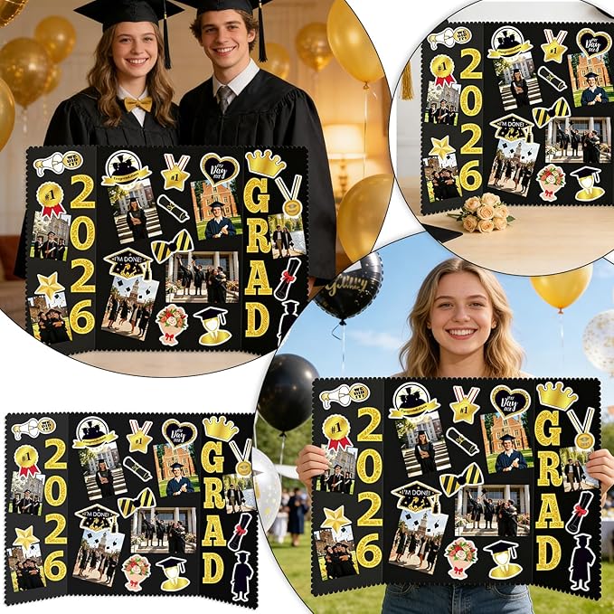 Graduation Photo Display Board - 4 Set Trifold Poster Board for Graduation Party, Folding Picture Presentation Frame for Multiple Pictures Table Decor (24x16 Inches)