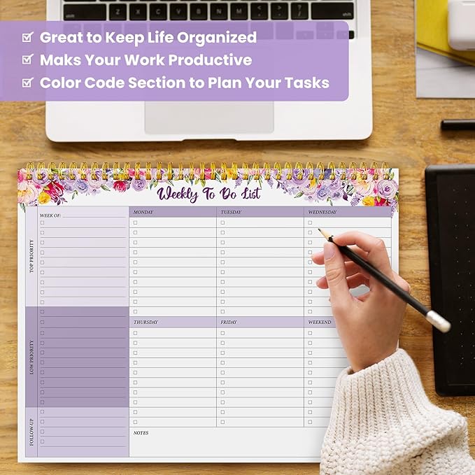 Weekly To Do List Notepad with 52 Undated Sheets(8.5"×11")- Undated Weekly Planner Notepad for Office Desk Accessories and Supplies - Lavender Charm