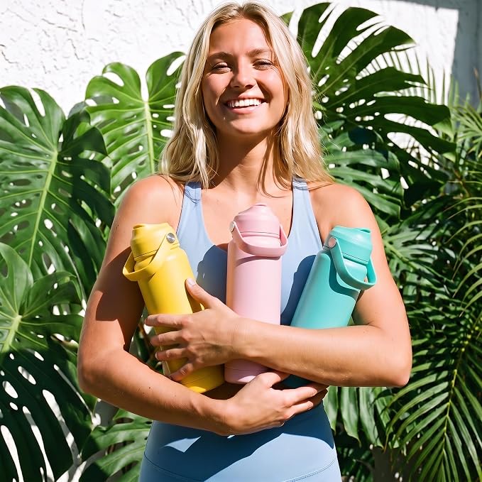 Fijinhom 24oz Insulated Stainless Steel Water Bottle, Wide Mouth Double Wall Vacuum, Silicone Straw, Sweat & Leak Proof, BPA Free Insulated Water Flask for Travel, Keep Cold 24h Hot 12h, Coral Pink