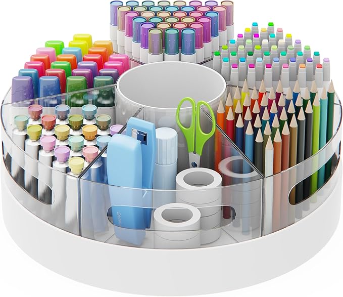 CraftGenes Rotating Pencil Organizer for Desk, 360 Smooth Spinning Marker Organizer, Clear Acrylic Pen Holder, Art Supply Storage & Lazy Susan Desktop Caddy for Kids, School, Office & Craft Room