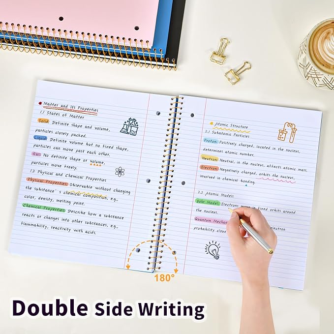 MUAHLIUB Spiral Notebook College Ruled Paper 8" x 10-1/2", 1 Subject Spiral Notebook, 3-Hole Punched Perforated Pages Ideal for School, Office, Writing, 95 Sheets Lined Journaling Notebook, Blue