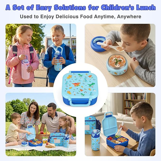 Bento Lunch Box for Kids with 7oz Soup Thermo,Insulated Stainless Steel Kids Water Bottle with Straw and Insulated Lunch Bag,Leak-Proof Lunch Food Container with Ice Pack for School (Blue-Dinosaur)