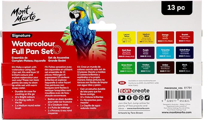 Mont Marte Watercolor Set Full Pan Signature 13pc in Tin, Vibrant, Multi-Color with Translucent Finish, Portable Watercolor Set