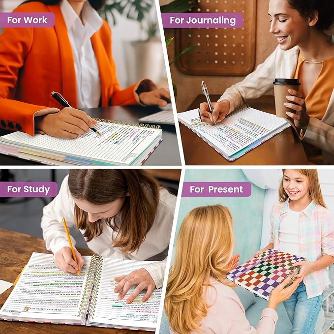 Large Spiral Lined Notebooks for Work with Removable Dividers & Tabs, 8.5"x11" Pretty Hardcover 5 Subject Notebook Journal for Women, College Ruled, Perfect for Study & Office Organization, 280 Pages,Checkered