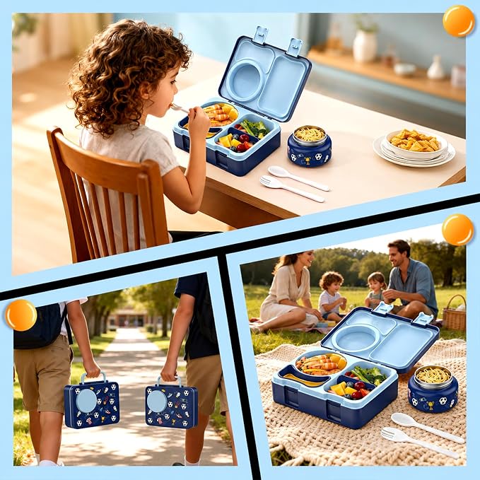 Kids Insulated Lunch Box with 8OZ Thermo Food Jar | Leakproof Bento Box with Ice Pack Sauce Cup Utensils Removable Tray & Dividers for School Daycare Travel, Football
