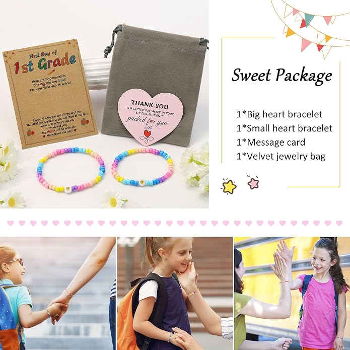 BAYLAY Back to School Bracelet - First Day of School Preschool/Kindergarten/1st Grade/2nd Grade/Back to School Stuff Gifts Supplies Mommy and Me Mommy Daughter Bracelets Heart Beaded Bracelets Gifts