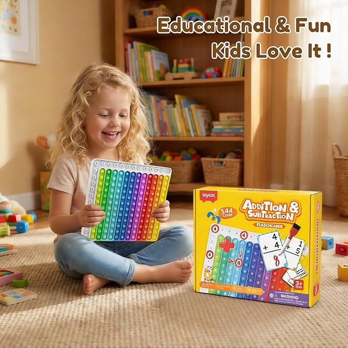 JoyCat Addition and Subtraction Flash Cards with Pop Math Board, 144 Math Flashcards for Kids Ages 4-8, Homeschool Kindergarten 1st 2nd Grade Math Manipulatives with Workbook, Markers, Rings & Bag