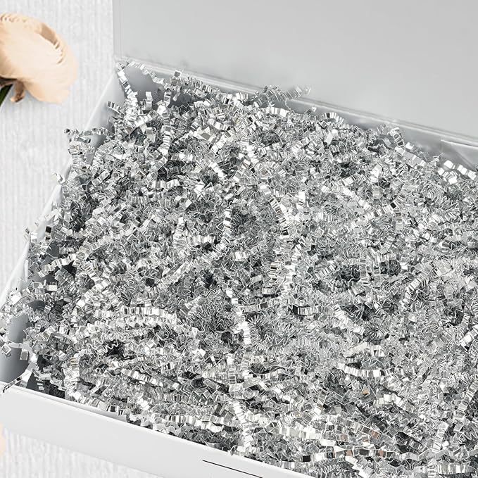 Uptotop 4oz Crinkle Cut Paper Shred Filler for Gift Wrapping, Gift Basket Filling, Perfect for Birthday, Christmas, Thanksgiving, Halloween, Easter, Valentine's Day, Mother's Day, Father's Day, Wedding & Holiday Decor, Glitter Silver (4 oz)