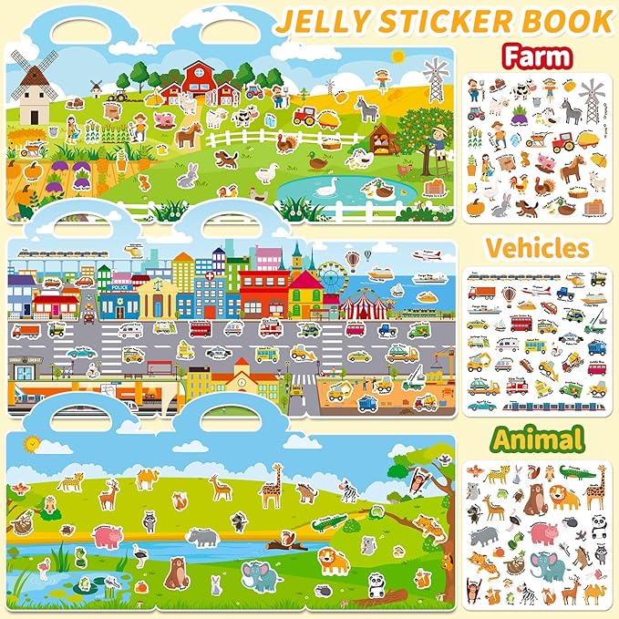 3 Sets Reusable Sticker Book for Toddlers 3-6, Jelly Sticker Books for Toddler, Travel Sticker Activity Toys for Kids 3 4 5 6 Years Old Girls & Boys(Farm + Vehicles + Animal)