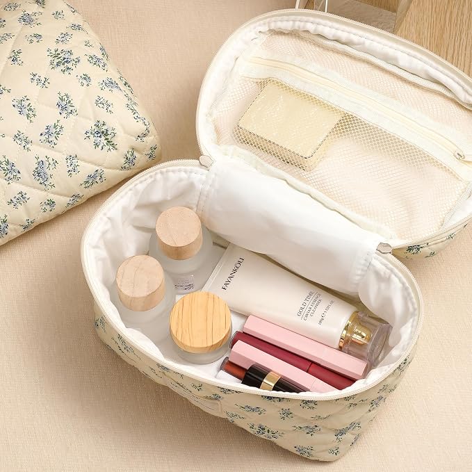uekeboag Large Travel Quilted Makeup Bag for Women | Soft Floral Cotton Cosmetic Bag, Foldable Coquette Aesthetic Toiletry Organizer