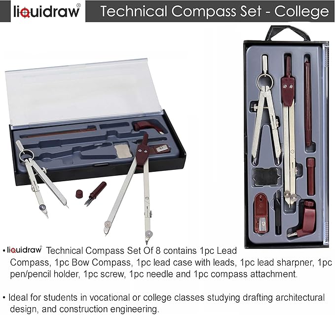 Liquidraw Technical Drawing Professional Set - 8 Piece | Includes Metal Compass With Spring Bow Head Dividers | Ideal Maths Drafting, Geometry Tools for School, Engineering, Architecture & Woodworking