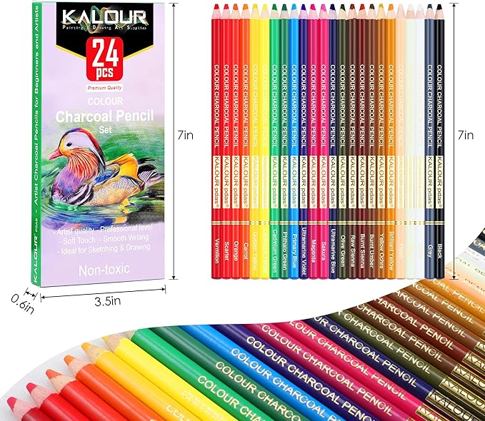 KALOUR PDAS 24 Premium Colored Charcoal Pencils Drawing Set, Quality Pastel Chalk Pencils, Skin Tone Colored, for Coloring, Sketching, Drawing, Layering & Blending for Beginners & Artists