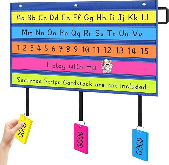 AKAYOK Bulletin Board Borders Storage Pocket Chart - Clear 5 Pocket Chart for Classroom Homeschool Office, Teacher Supplies for Word Wall/Letter Cards/Sentence Strips