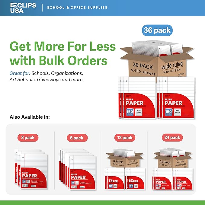 Wide Ruled Loose Leaf Paper Wide Ruled Notebook Paper Lined Writing Filler Paper 10.5” x 8” 56 gsm 4500 Sheets 150 Sheet Per Pack (36 Pack)