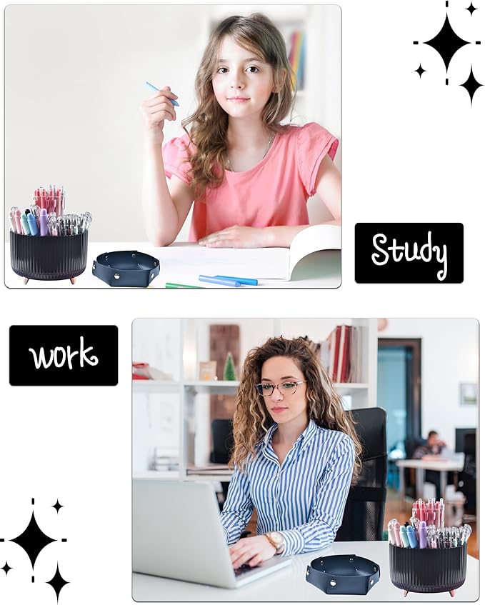 Black Desk Accessories, Office Supplies 360°Pen Holder Desk Organizers, With Tape Dispenser, Stapler, Staple Remover, Ect, Elevate Your Workspace With Sleek Black Sophistication, Back to School