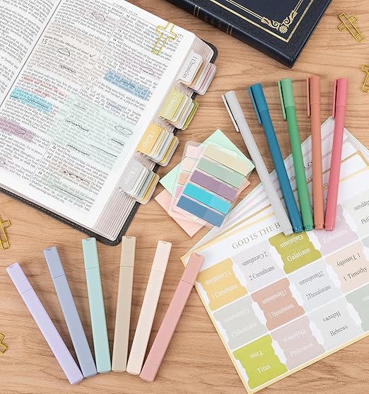 Bible Journaling Kit, Colored Bible Study Supplies, 12 Pastel No Bleed Highlighters and 5 Colored Pens, Transparent Sticky Notes and Bible Tabs Set and More, Book Annotation Kit for Women & Men