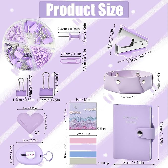Purple Desk Accessories, 26Pcs Office Supplies and Desk Organizers, with Tape Dispenser, Stapler, Staple Remover Ect, Gift Box Packaging