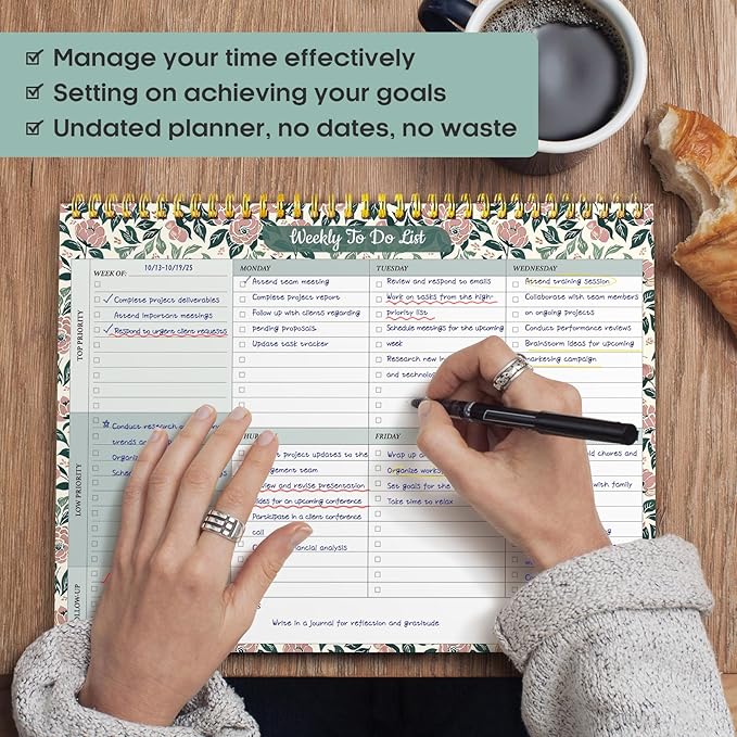 Taja Weekly To Do List Notepad with 52 Undated Sheets(8.5"×11")- Weekly Desk Planner for Women & Man, Work and Home - 1 Pack Rose Meadow