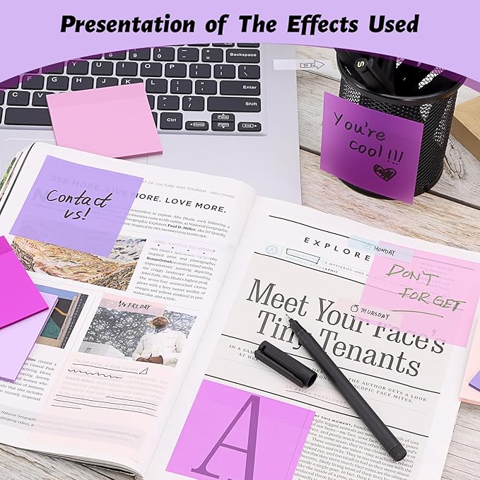 SYMDROMIA Transparent Sticky Notes, 3"x3" Clear Post Translucent Sticky Notes with See Through Self-Adhesive Sticky Pads for Office School College Supplies, 800 Sheets Lavender Purple