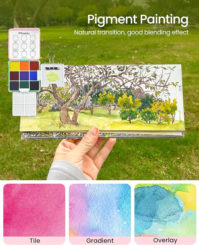 Woomer 9 Colors Watercolor Paint Set Pocket Perfect Travel Watercolor Set with 2 Foldable Watercolor Palettes for Beginner, Artists, Amateur Hobbyists and Painting Lovers