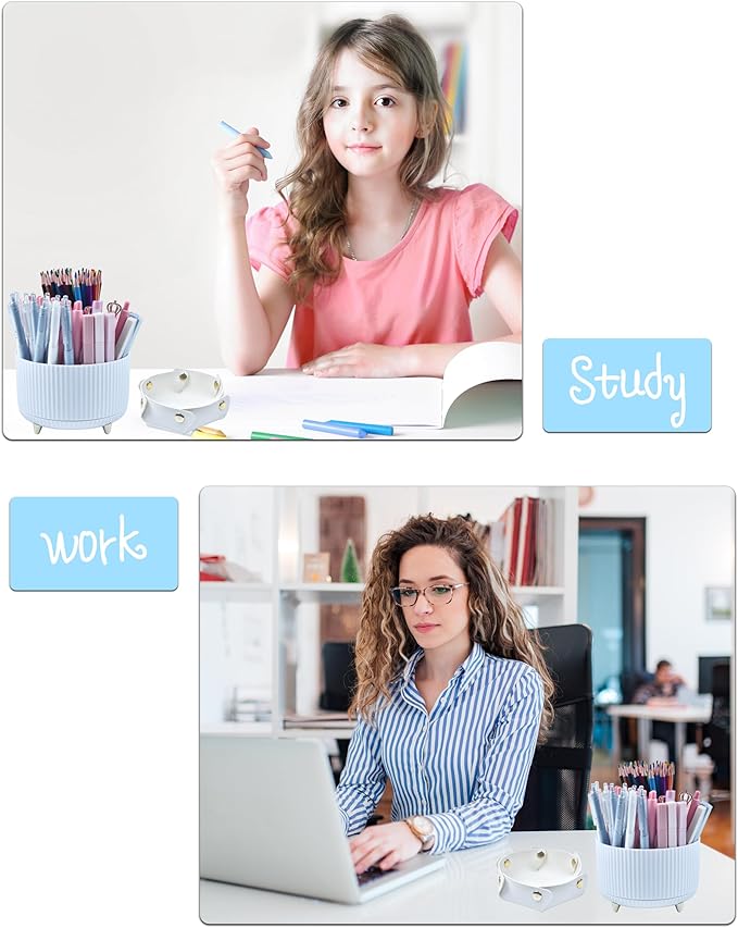 LXEVIHK White Desk Accessories, Office Supplies 360°Pen Holder Desk Organizers, With Tape Dispenser, Stapler, Staple Remover, Ect, Infuse Your Space With Porcelain Serenity, Back to School