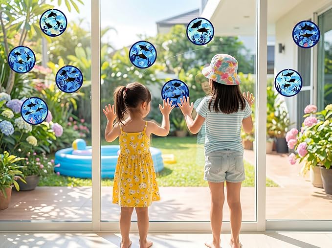 48PCS Summer Crafts: Paper Shark Suncatchers DIY Kits, Window Stained Glass Effect Art Supplies