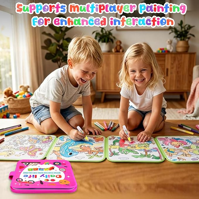 Vodolo Water Painting Book for Toddlers - 2 Pack Reusable Magic Water Coloring Book with 4 Water Pen 2 Brush - Mess Free Painting for Toddlers,No Mess Paint Coloring for Ages 3+ Travel Activity Toys