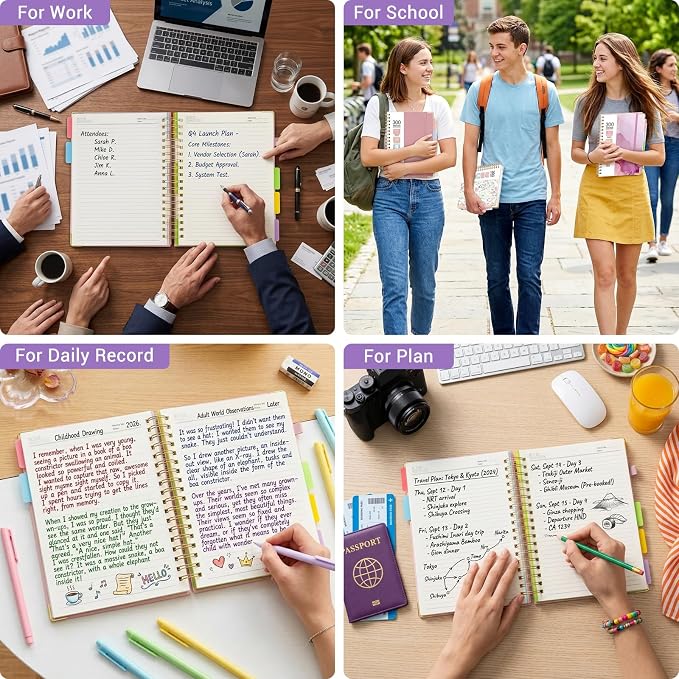 Hardcover Spiral Journal Notebook, 300 Pages 5 Subject Notebook College Ruled with Removable Dividers Tabs, 8" x 10" Notebooks for Work, Spiral Ruled Lined Writing Journal Hardcover Leather Notebook for School (Colorful Floral, 8''x 10'')