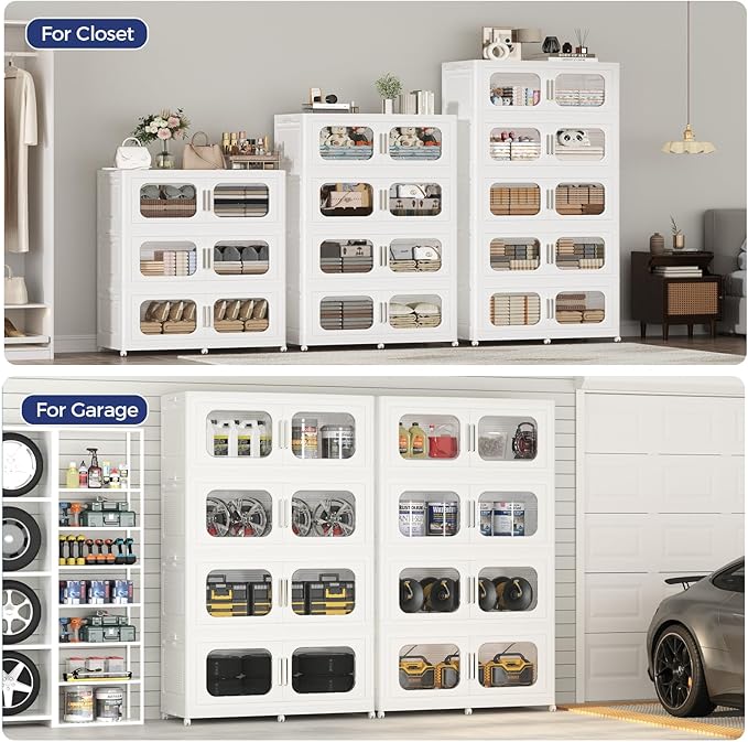 200GAL Extra Large Storage Bins with Lid, 800QT Storage Bins with Wheels, Folding Closet Organizer, Stackable Collapsible Plastic Storage Containers for Home, Office, Kitchen, 4Pack White